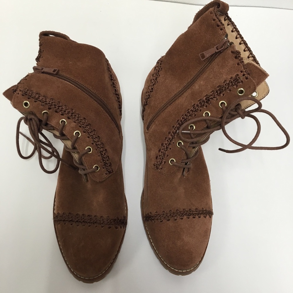 Jack Rogers Gemma Suede Leather Lace Up Boots 8.5 Toffee Brown Side Zip - Picture 2 of 14
